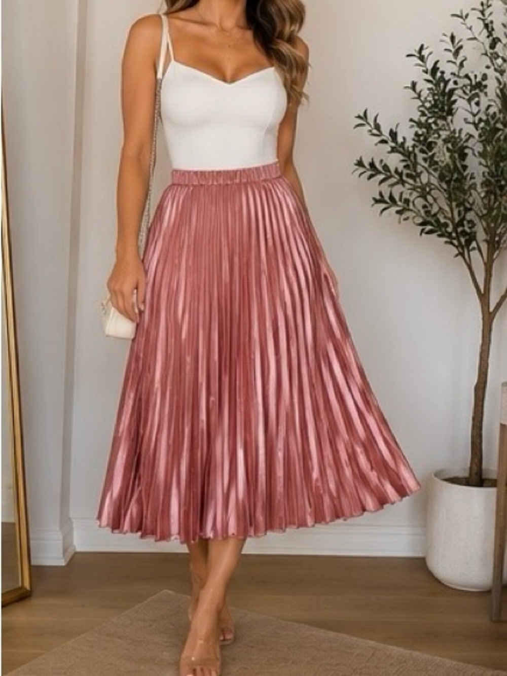 NWOT Anne Klein Metallic Pleated Midi Skirt Rose Gold Pink XXS